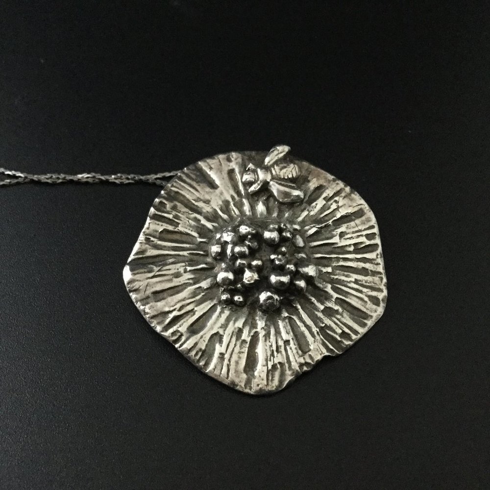 Fine Pure Silver 99.9 Pin or Necklace Flower Bee Handmade On of a Kind